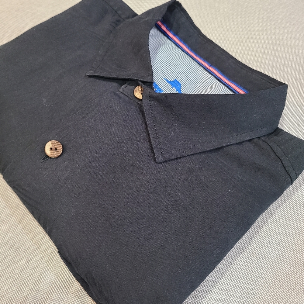 TOMMY BAHAMA Black on Black Palm Pattern Soft Relaxed Short Sleeve Collar L - Picture 2 of 11